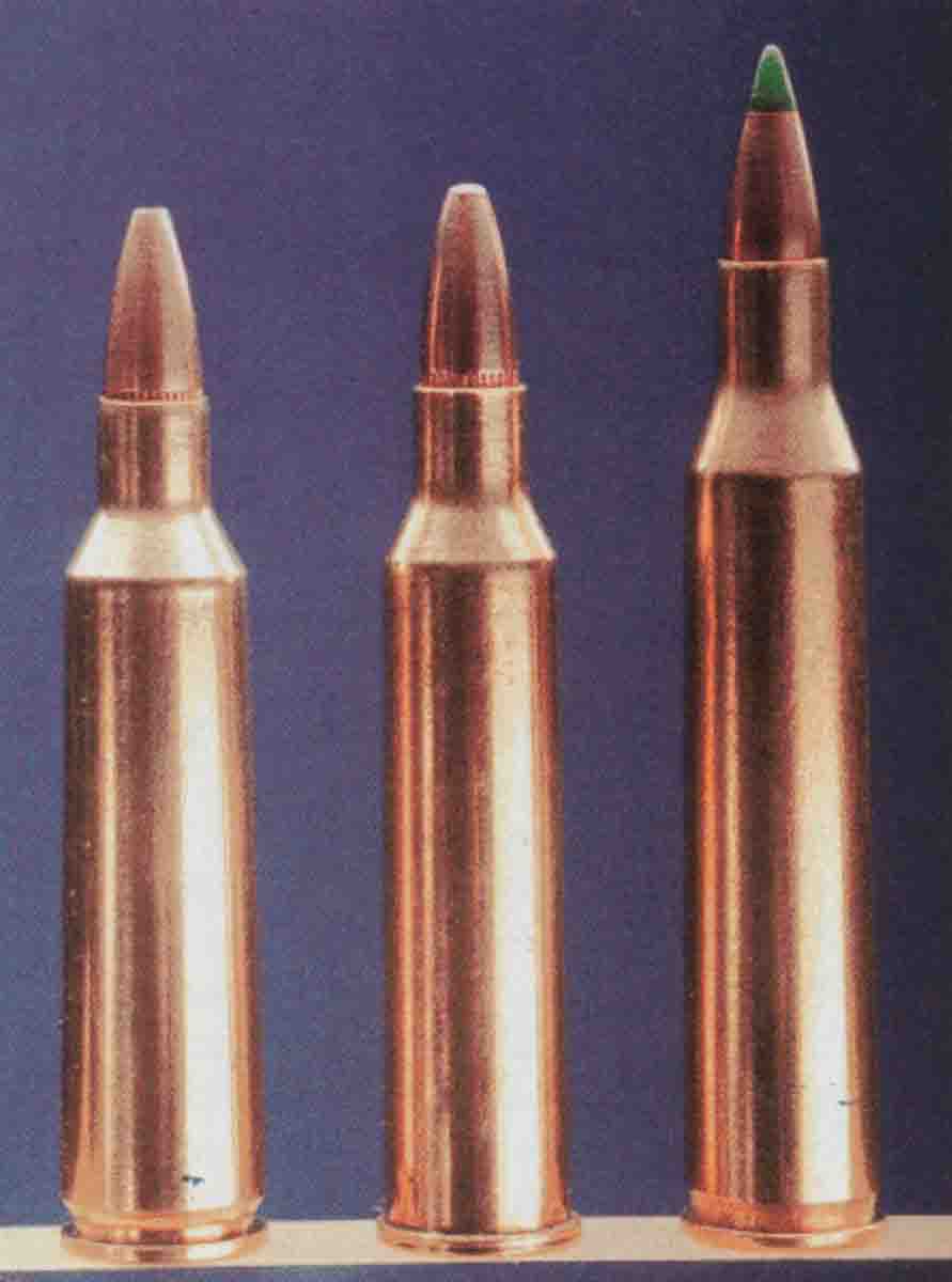 Left to right, the .22-250 Remington, .225 Winchester and the .220 Swift are shown for comparison.